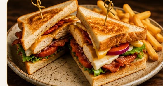 The Hanover Club sandwich, cut into triangles, served with French fries
