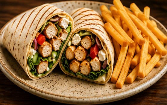 Mediterranean Grilled Chicken Thigh Wrap cut in half, served with French fries